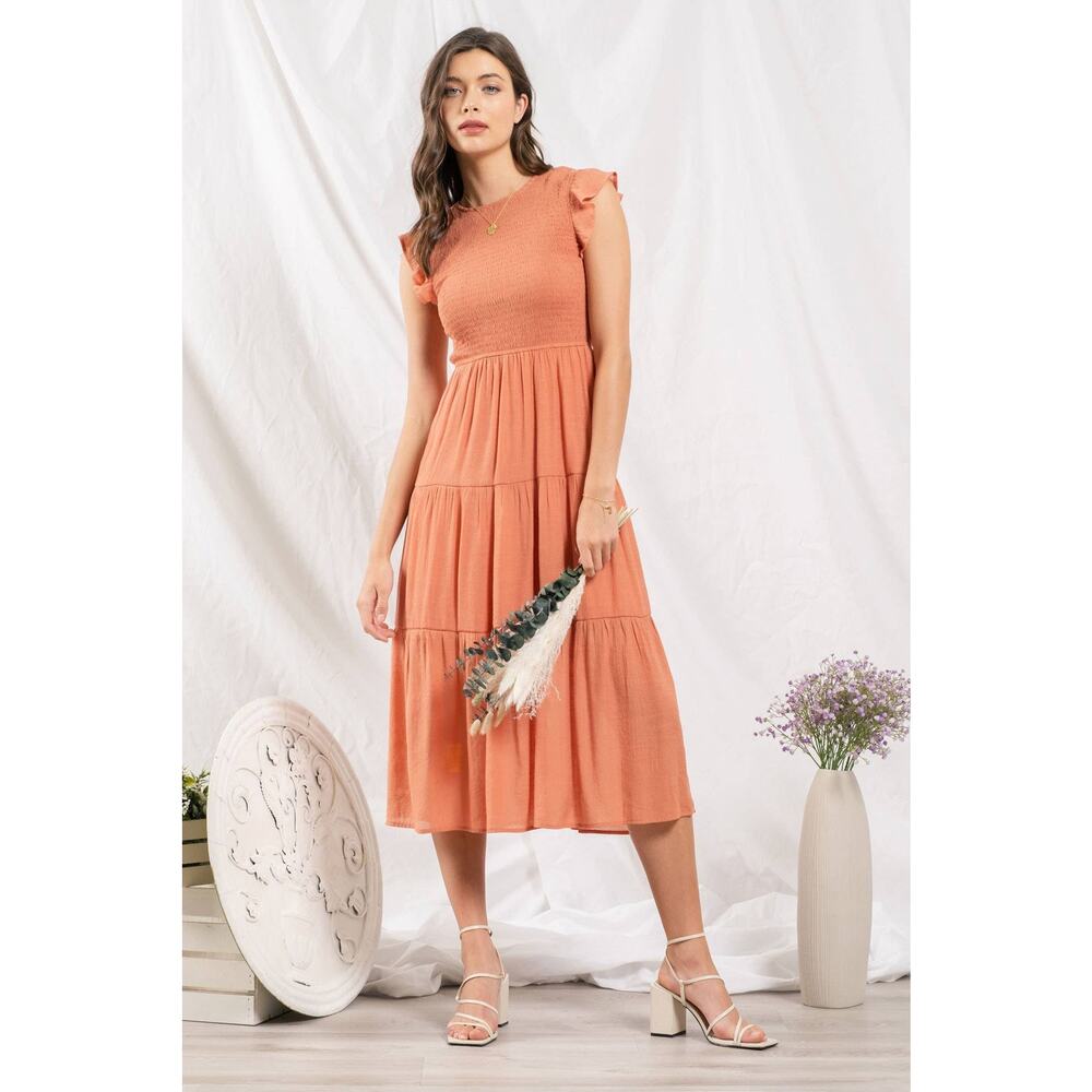 By The River Smocked Midi Dress Women Size Large Boho Cottagecore Lagenlook